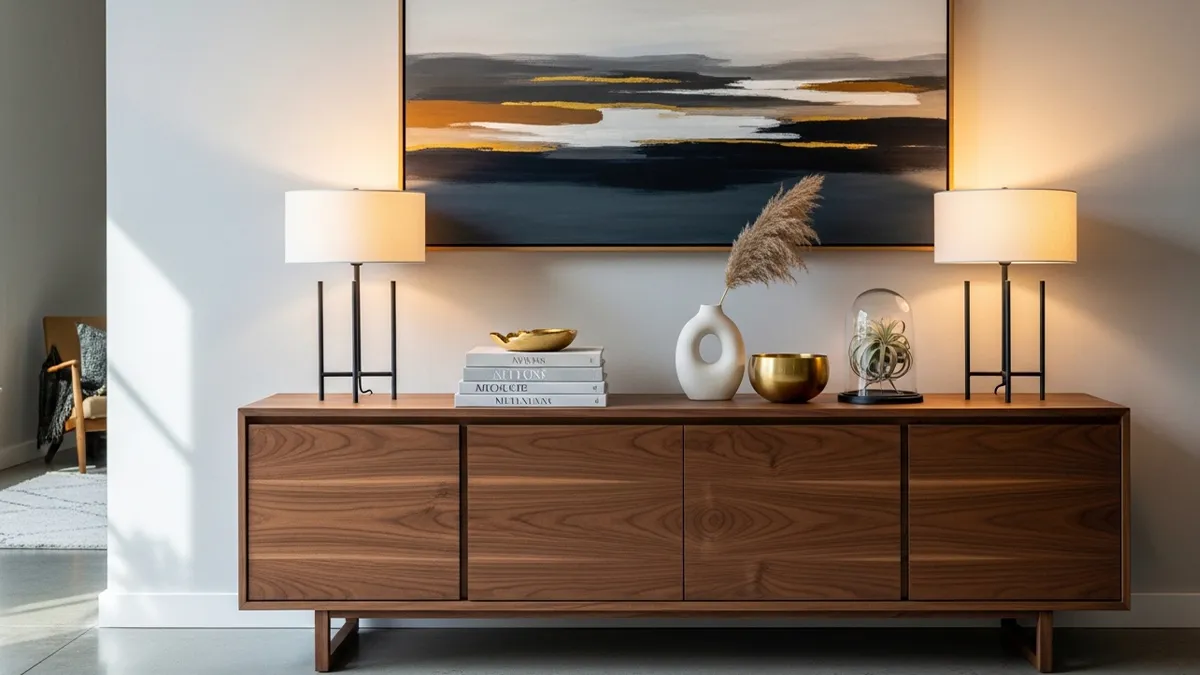 Ambiente contemporâneo com aparador de madeira em destaque e composição sofisticada