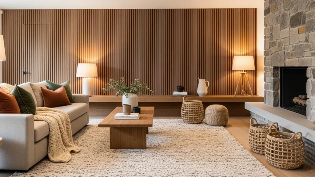 Ambiente contemporâneo com materiais naturais, texturas táteis e decoração acolhedora