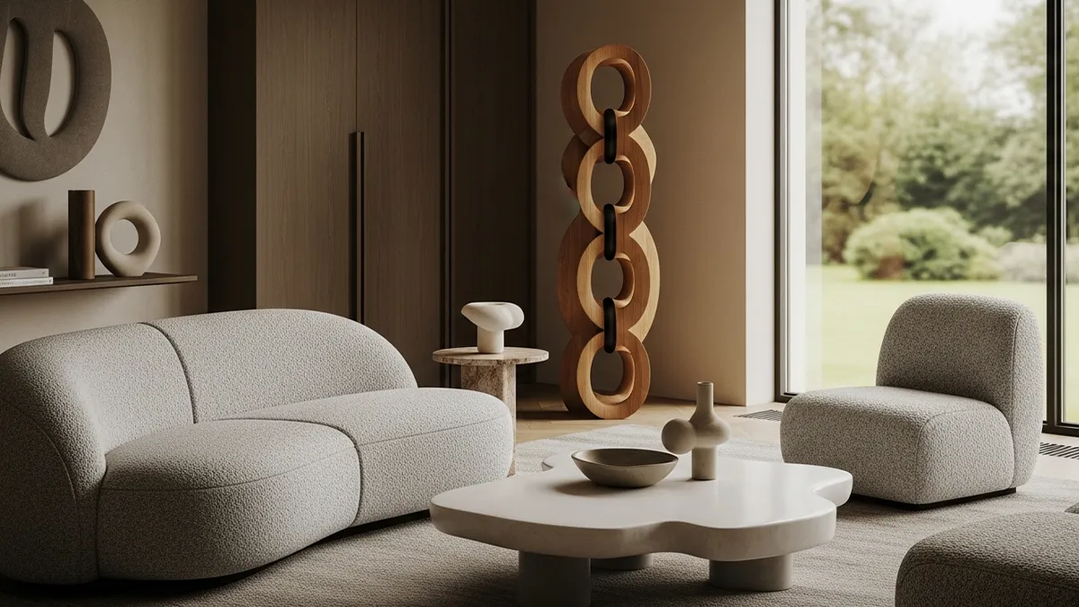 Ambiente contemporâneo inspirado em design autoral de 2026 com mobiliário escultórico e composição criativa