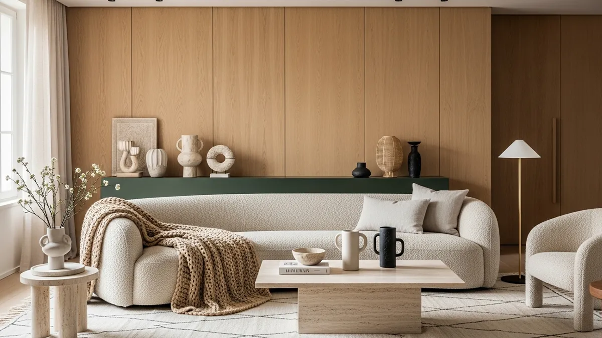 Ambiente contemporâneo inspirado nas tendências da ABIMAD 41 com mobiliário autoral e materiais naturais