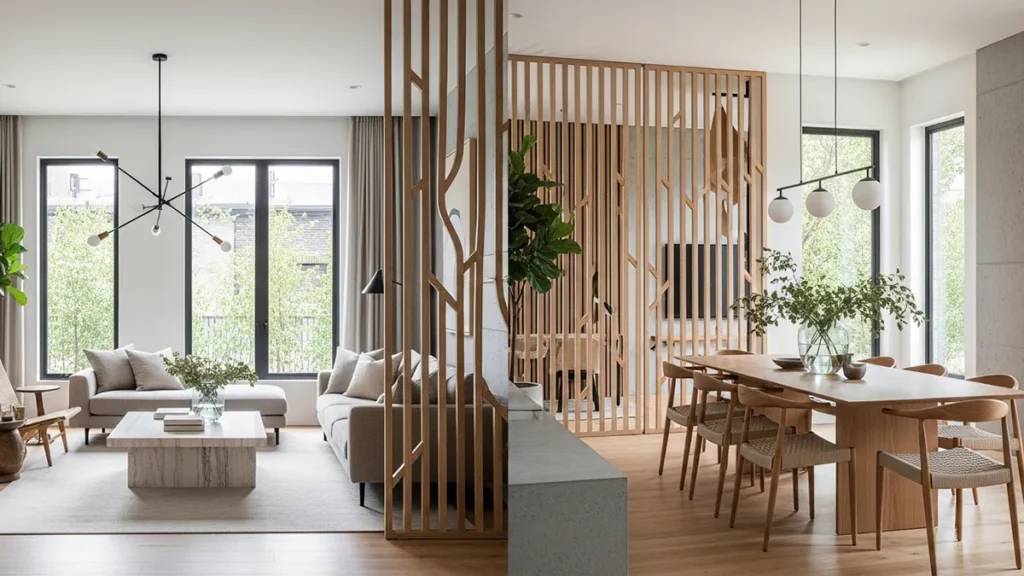 Ambiente integrado com painel ripado vazado separando sala de estar e jantar