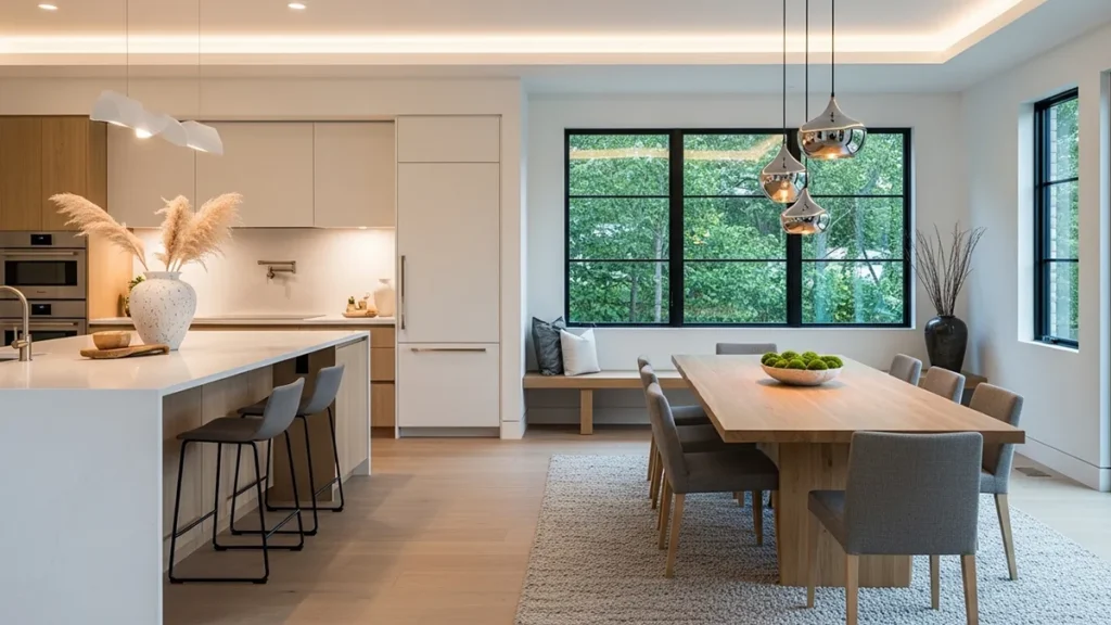 Ambiente integrado com sala de jantar marcada por luminária pendente sobre a mesa