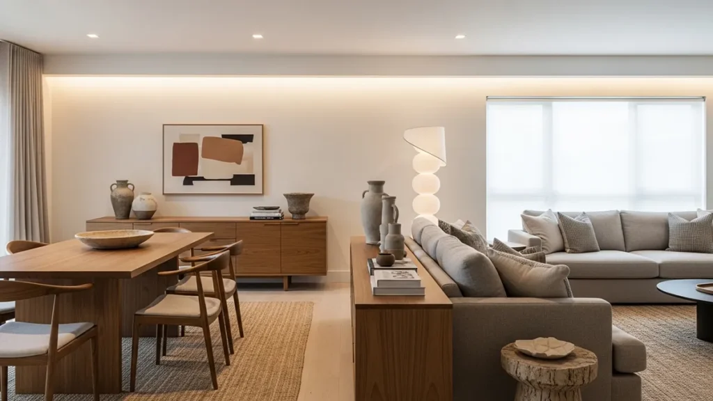 Ambiente integrado contemporâneo com aparador de madeira entre sala e jantar