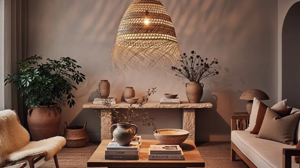 Ambiente interno com luminária pendente de palha filtrando luz suave em composição acolhedora