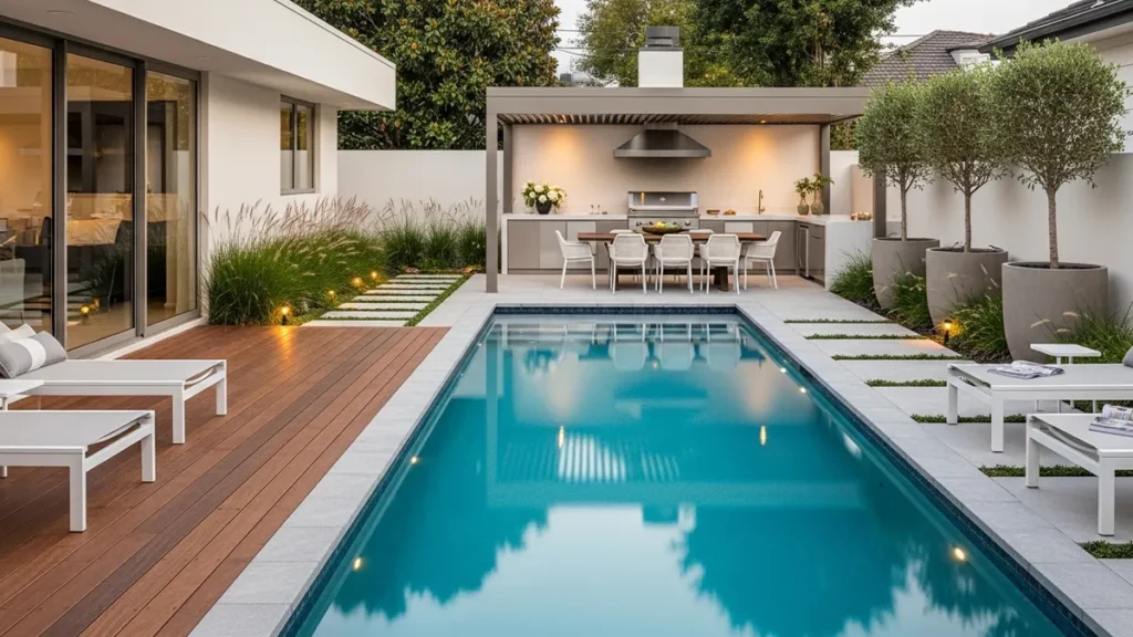 Área externa contemporânea com piscina central integrada à área gourmet elegante