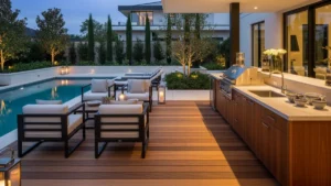 Áreas gourmet de luxo integrada à piscina com mobiliário sofisticado e atmosfera de resort residencial