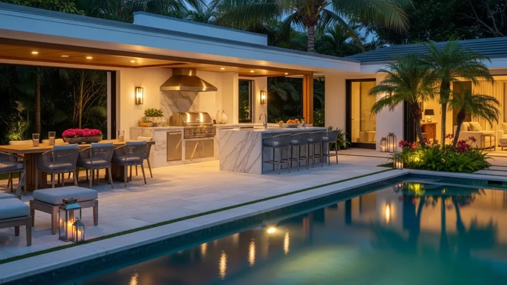 Área gourmet sofisticada com piscina, paisagismo e mobiliário externo integrados