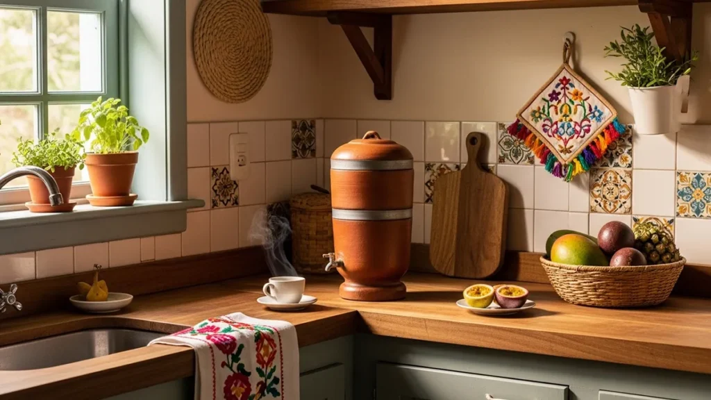 Cozinha afetiva brasileira com filtro de barro tradicional e atmosfera familiar acolhedora