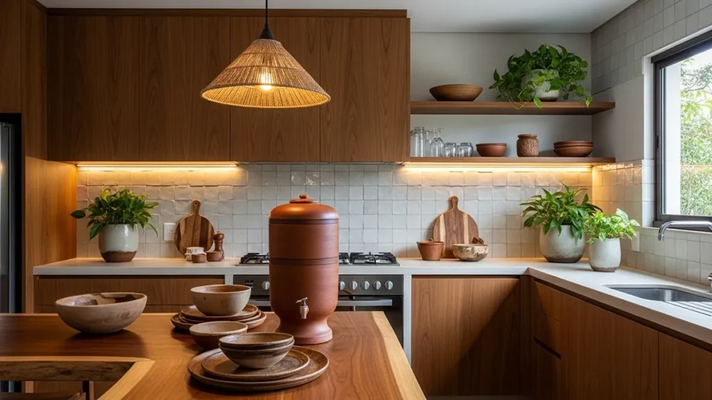 Cozinha contemporânea com filtro de barro em destaque sobre bancada de estilo acolhedor