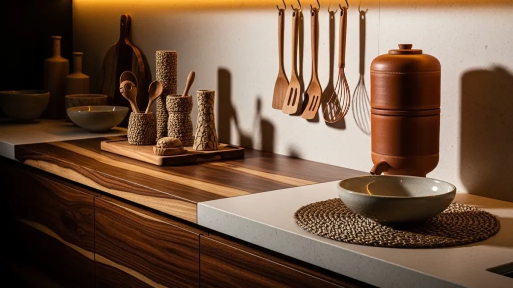 Cozinha contemporânea com filtro de barro integrado à decoração em composição elegante