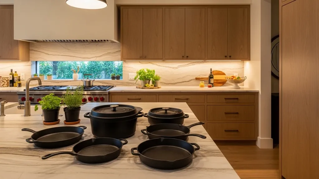 Cozinha contemporânea com panelas de ferro em destaque sobre bancada de estilo sofisticado