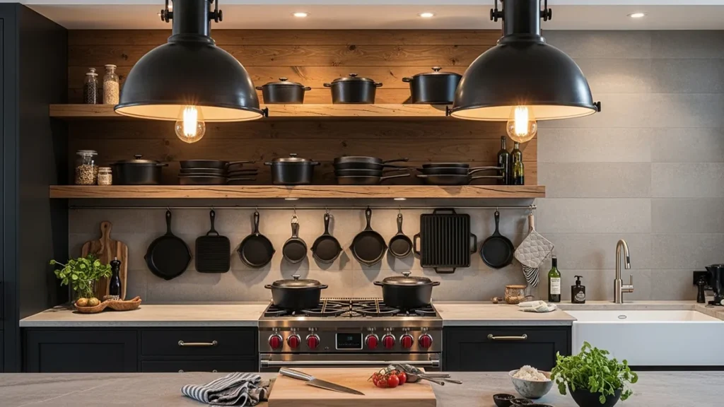 Cozinha contemporânea com prateleiras abertas e panelas de ferro integradas à decoração