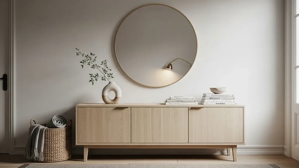 Hall de entrada contemporâneo organizado e acolhedor com composição leve e equilibrada