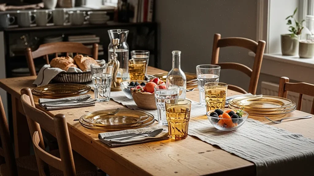 Mesa de cozinha afetiva com louça de vidro inspirada na Duralex e atmosfera familiar acolhedora