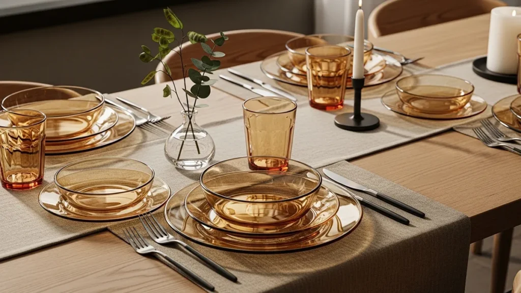 Mesa posta contemporânea com louça de vidro inspirada na estética clássica da Duralex