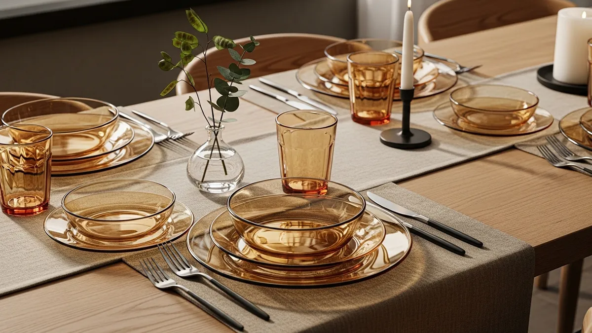 Mesa posta contemporânea com louça de vidro inspirada na estética clássica da Duralex