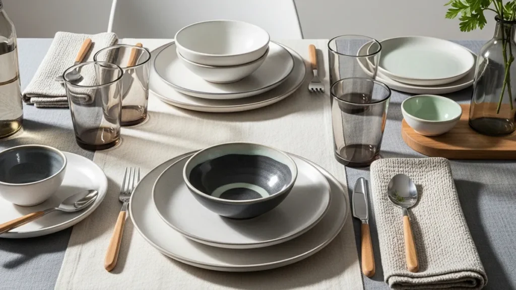 Mesa posta contemporânea com louça de vidro transparente inspirada na Duralex em composição elegante