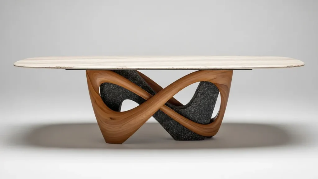 Modelo de mesa de jantar escultural com base autoral e tampo orgânico em composição sofisticada