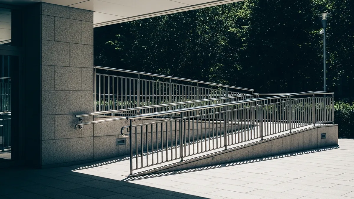 Projeto arquitetônico com rampa acessível e cálculo de inclinação em destaque