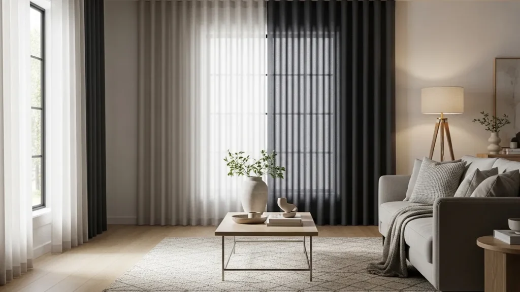 Sala contemporânea com cortina leve e blackout em composição elegante para controle de luz
