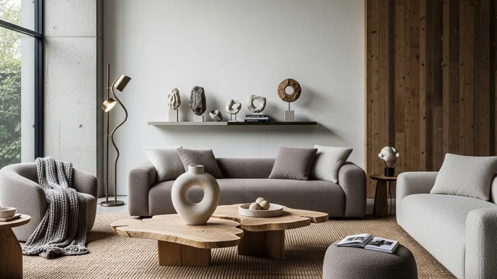 Sala contemporânea com mobiliário autoral e peças de design escultural em destaque