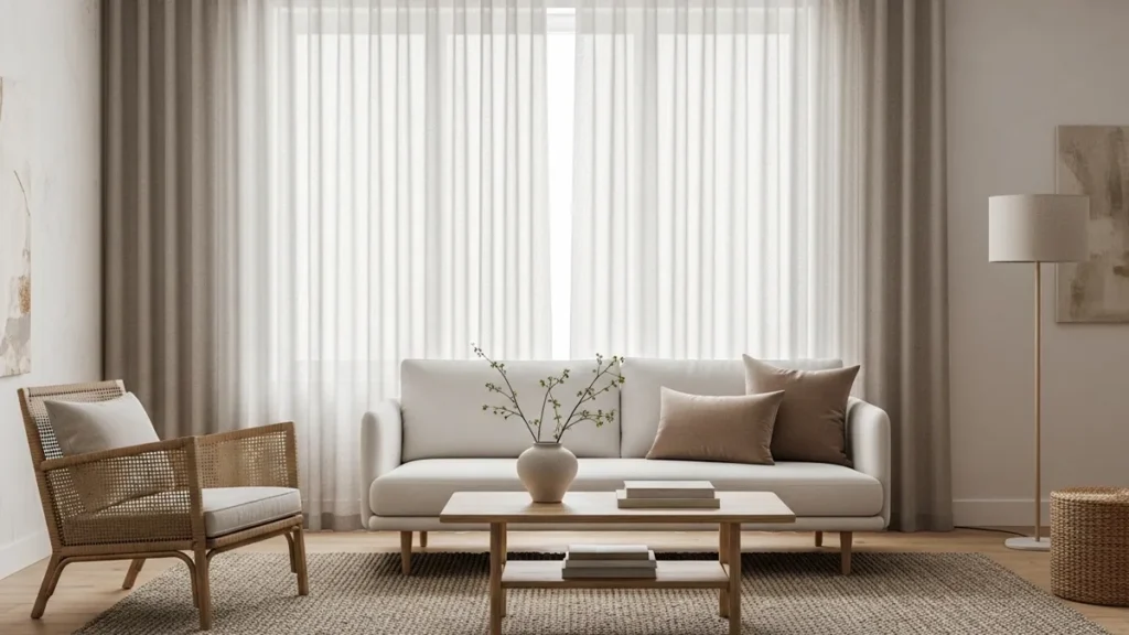 Sala de estar com cortinas leves de linho filtrando a luz natural de forma suave