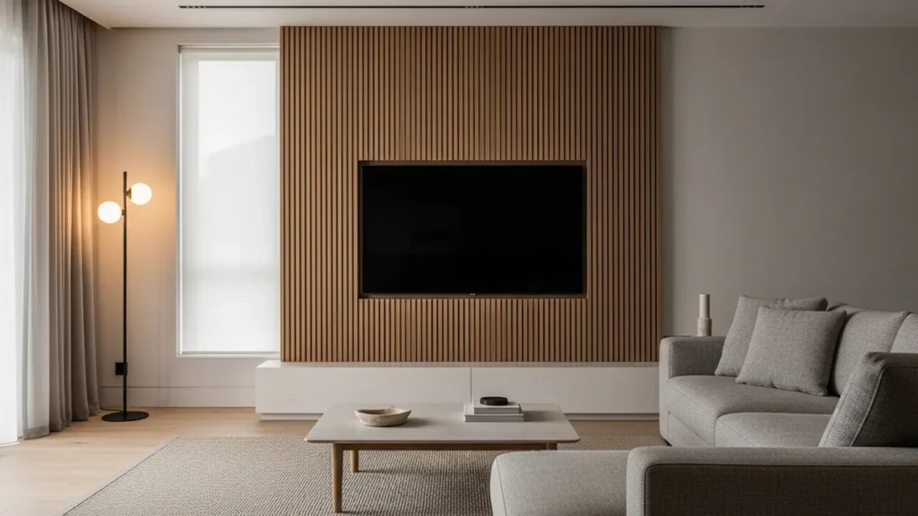 Sala de estar contemporânea com TV sobre painel ripado em madeira e marcenaria elegante