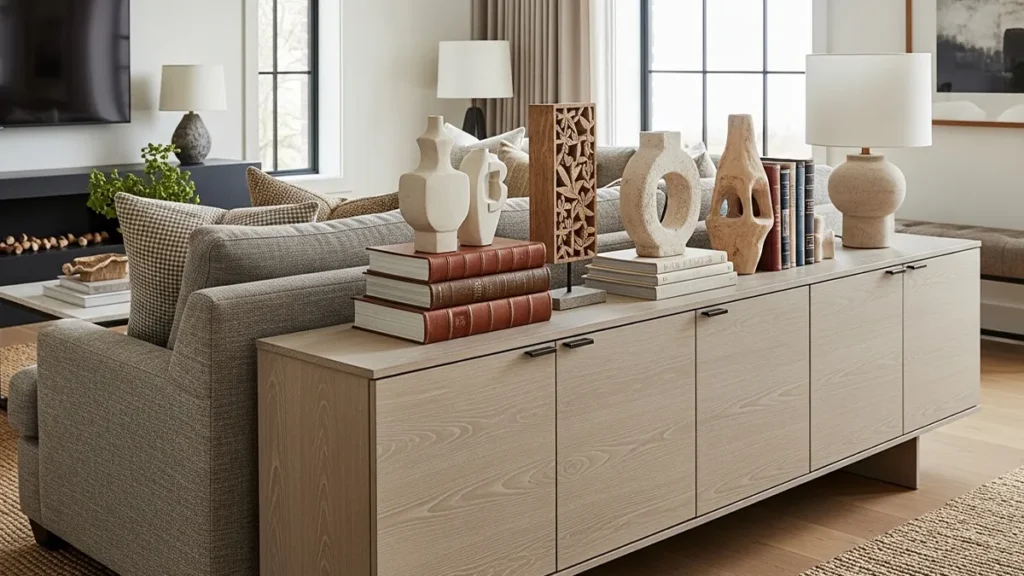 Sala de estar contemporânea com aparador de madeira atrás do sofá e decoração sofisticada