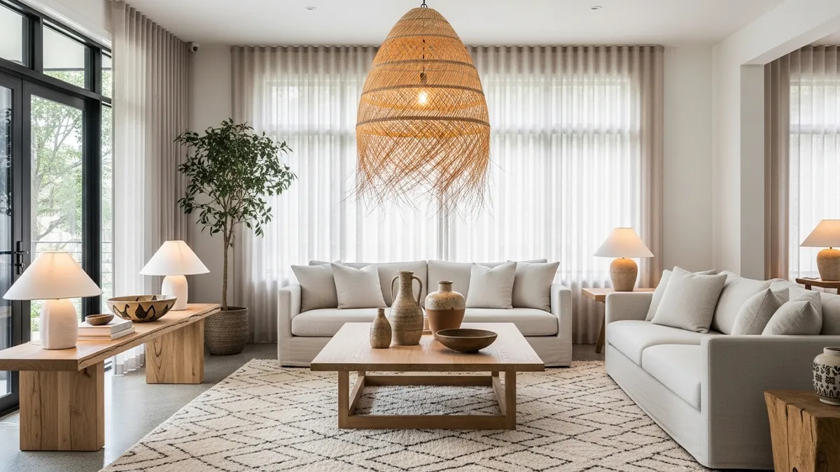 Sala de estar contemporânea com luminária de palha em destaque e decoração acolhedora