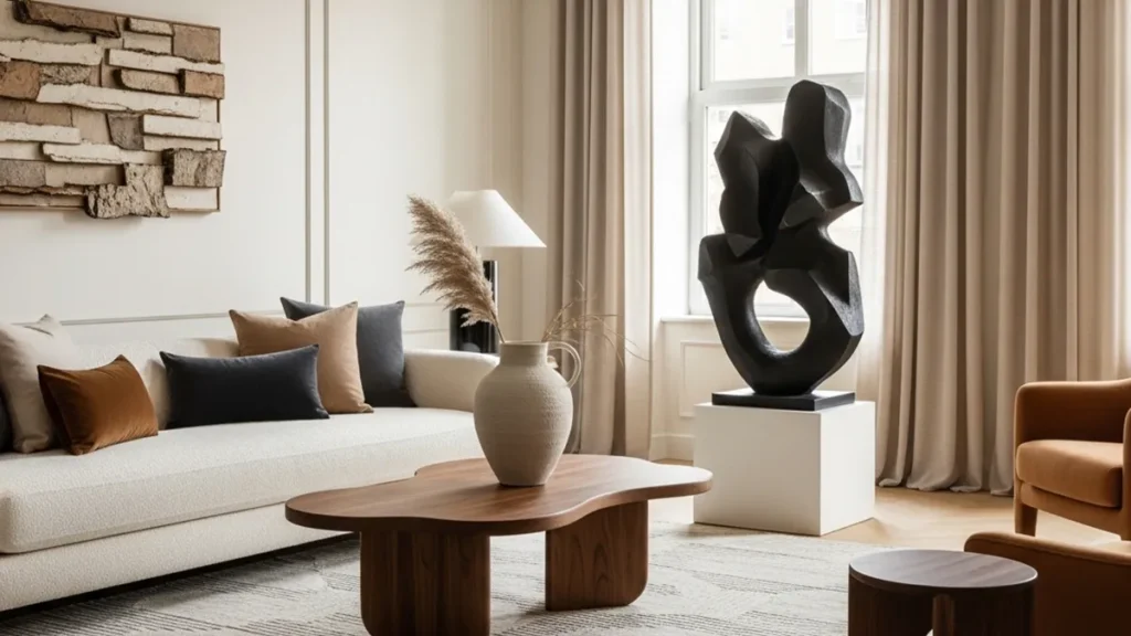 Sala de estar contemporânea com mobiliário autoral e peças expressivas em destaque