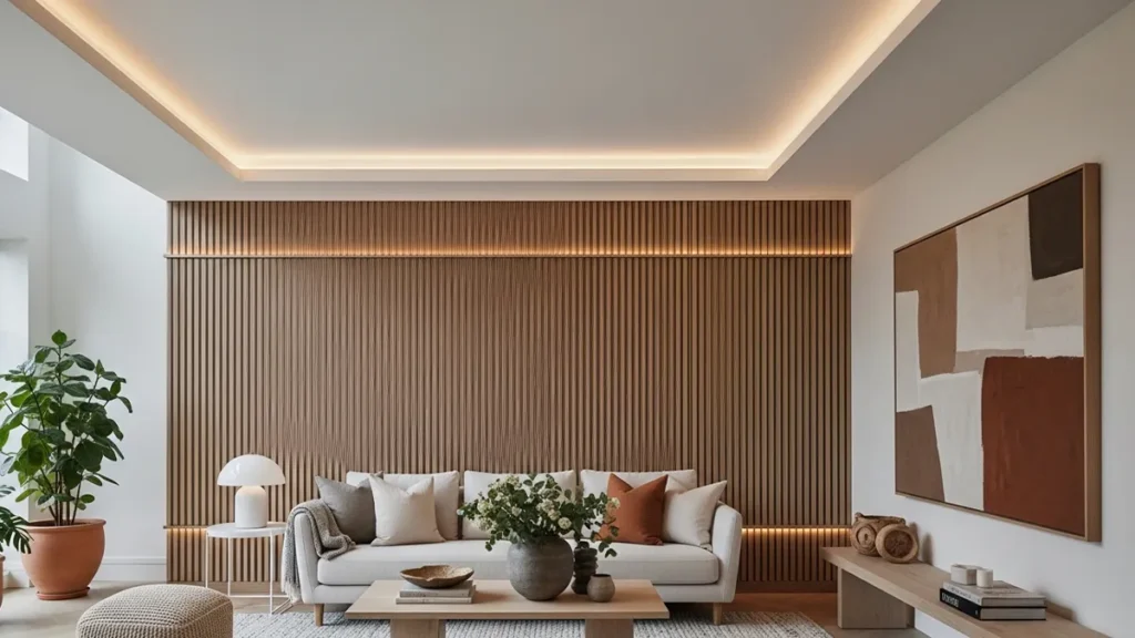 Sala de estar contemporânea com painel ripado em madeira clara e decoração elegante