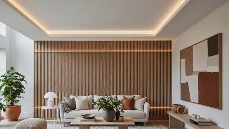 Sala de estar contemporânea com painel ripado em madeira clara e decoração elegante