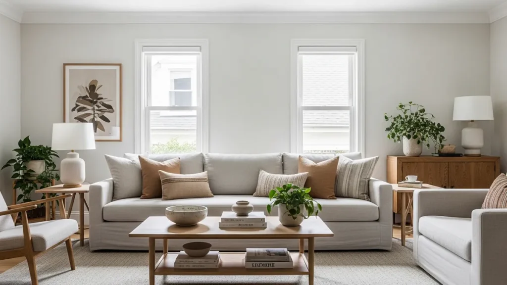 Sala de estar contemporânea com plantas, madeira e fibras naturais em atmosfera serena