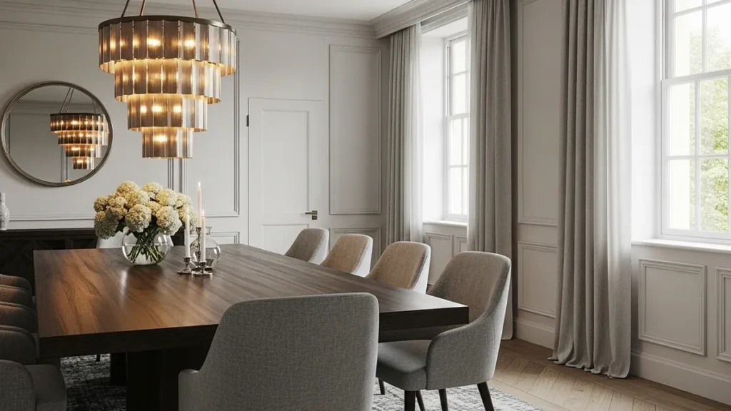 Sala de jantar contemporânea com luminária de teto em destaque sobre a mesa e decoração sofisticada