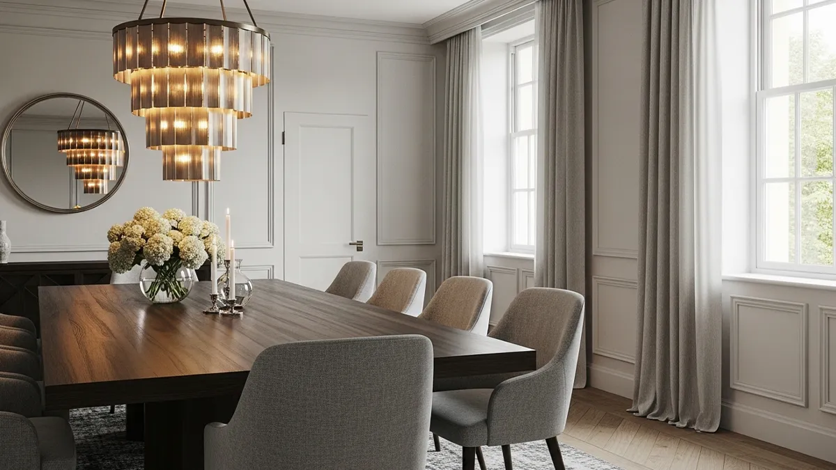 Sala de jantar contemporânea com luminária de teto em destaque sobre a mesa e decoração sofisticada