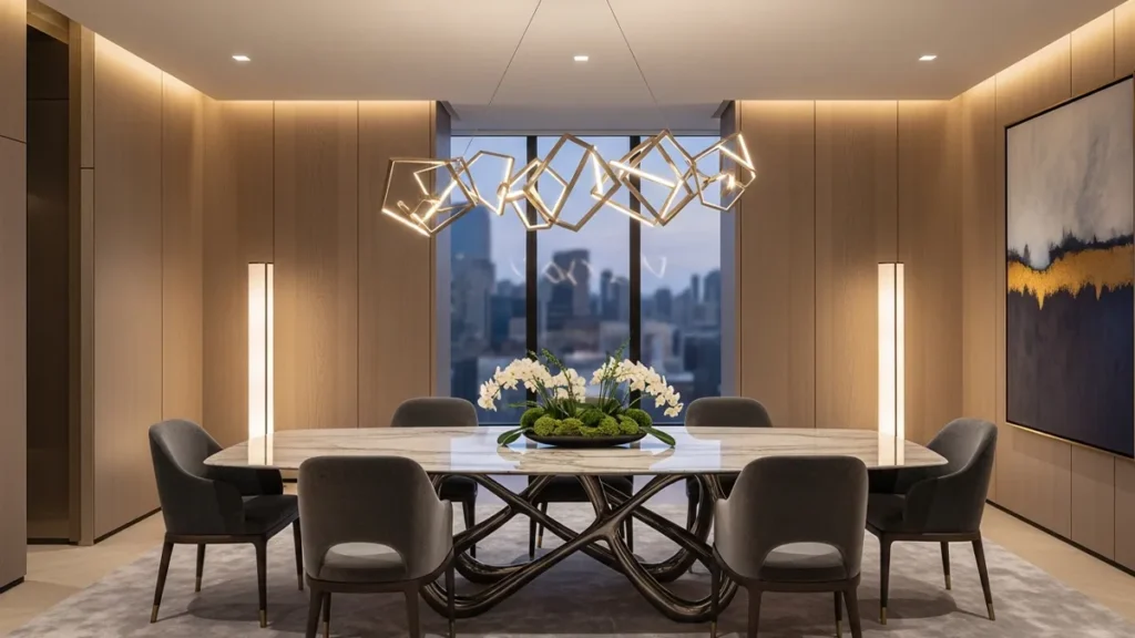 Sala de jantar contemporânea com mesa de jantar escultural em destaque e composição sofisticada