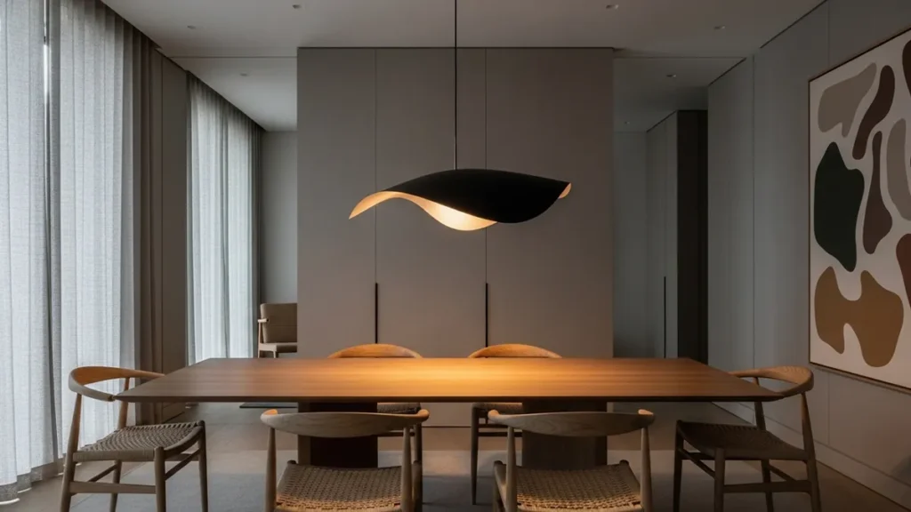 Sala de jantar moderna com luminária pendente única sobre a mesa em composição elegante