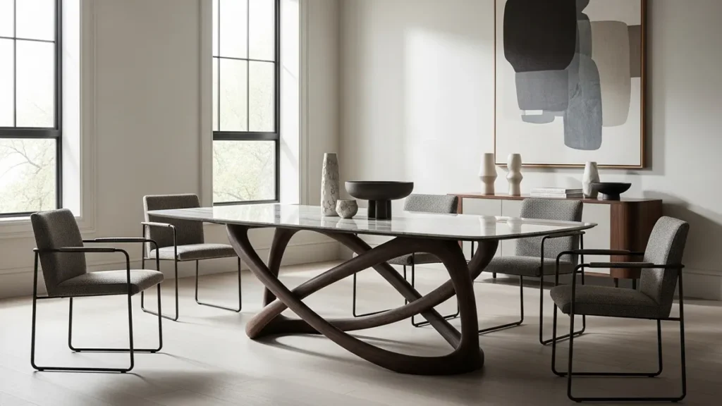 Sala de jantar moderna com mesa escultural como ponto focal e composição sofisticada