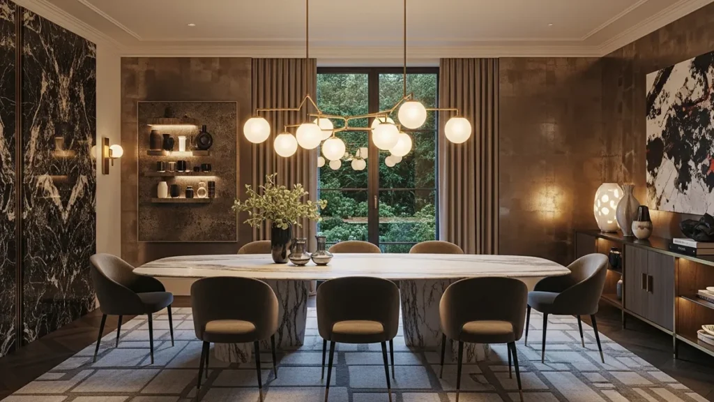 Sala de jantar sofisticada com mesa escultural, pendente autoral e cadeiras elegantes
