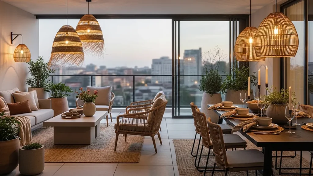 Varanda contemporânea com luminárias de palha, materiais naturais e atmosfera acolhedora